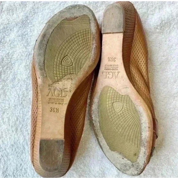 AGL Italian Brown Camel Leather Peep Toe Stylish Flats - Picture 5 of 11